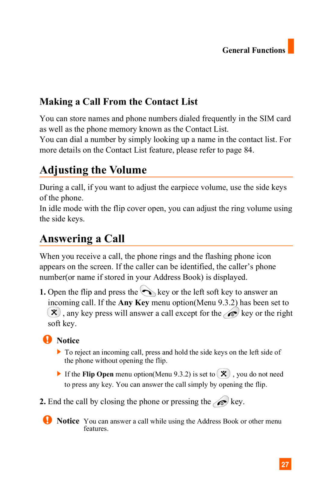 LG Electronics C1300 manual Making a Call From the Contact List, General Functions 