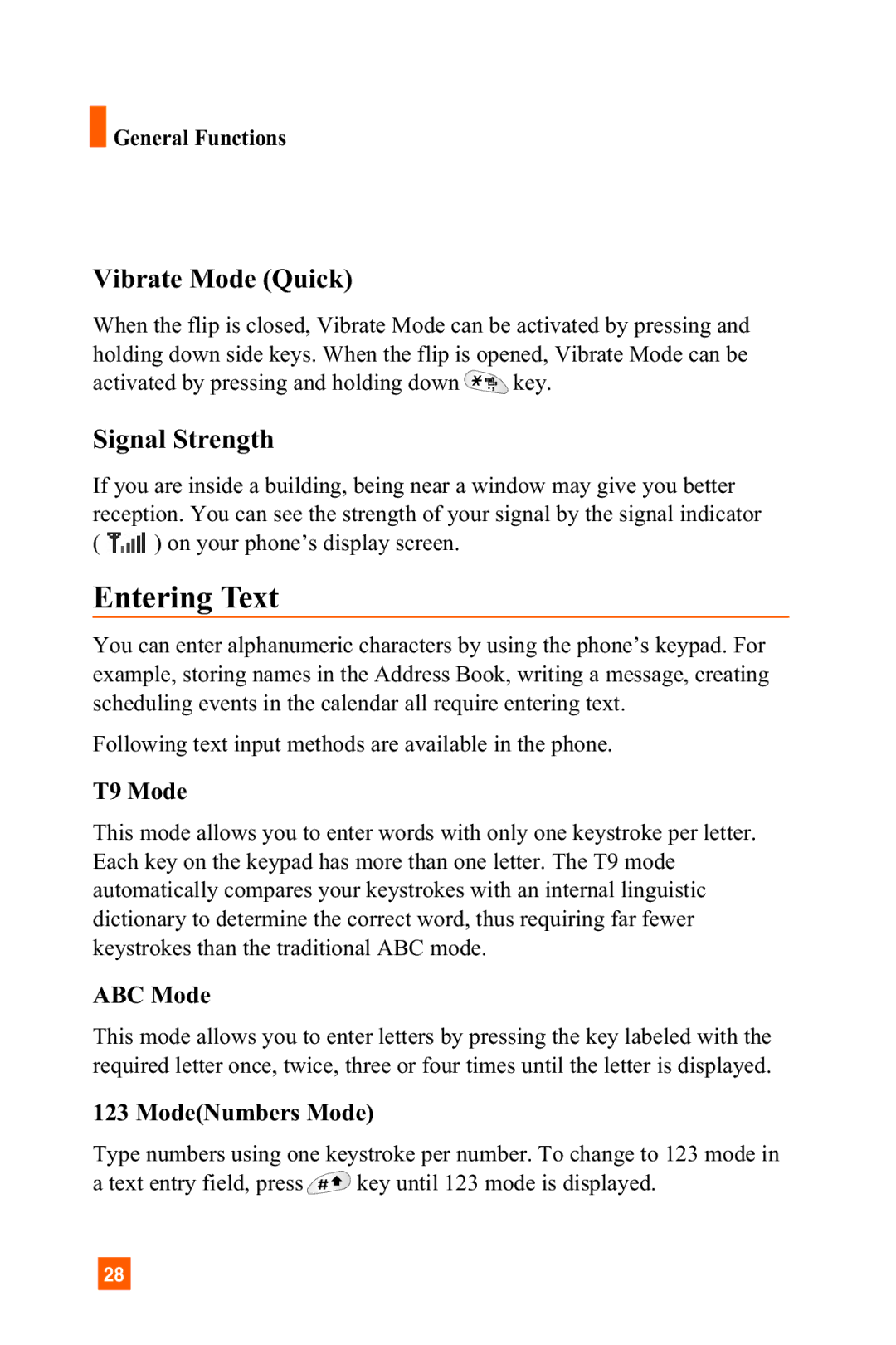 LG Electronics C1300 manual Vibrate Mode Quick, Signal Strength, T9 Mode, ABC Mode, ModeNumbers Mode 