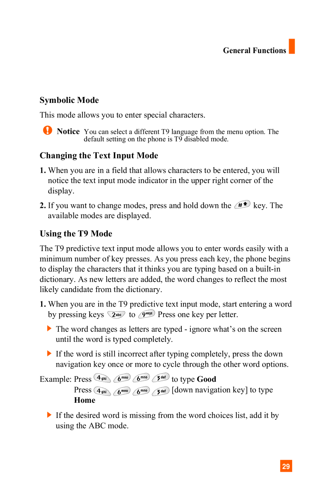 LG Electronics C1300 manual General Functions Symbolic Mode, Changing the Text Input Mode, Using the T9 Mode, Home 