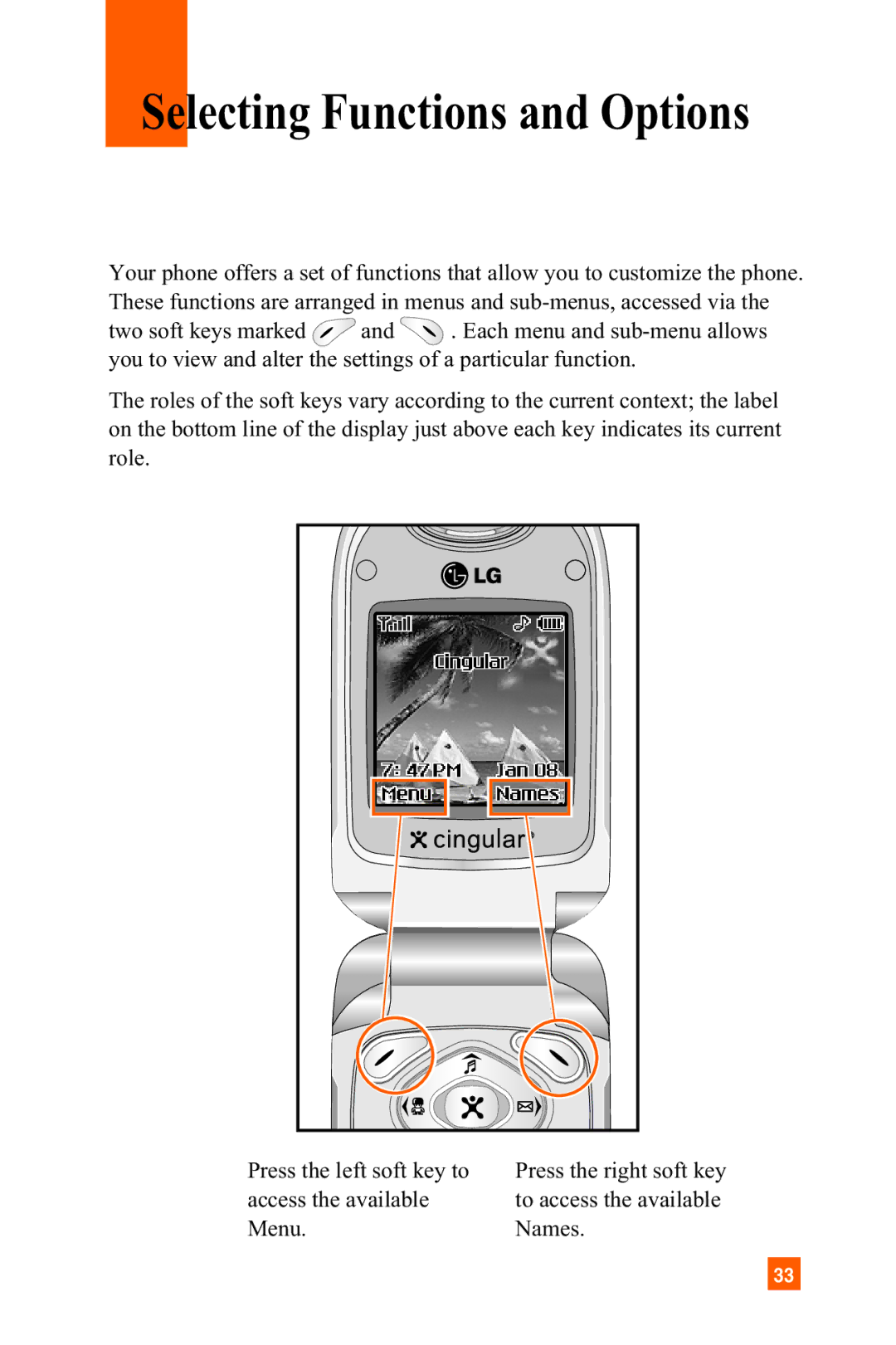 LG Electronics C1300 manual Selecting Functions and Options 