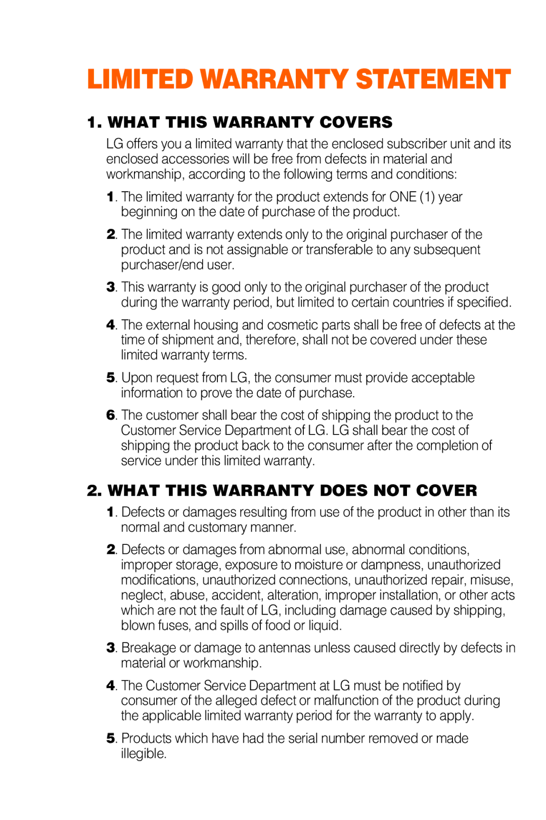 LG Electronics C1300 manual Limited Warranty Statement 