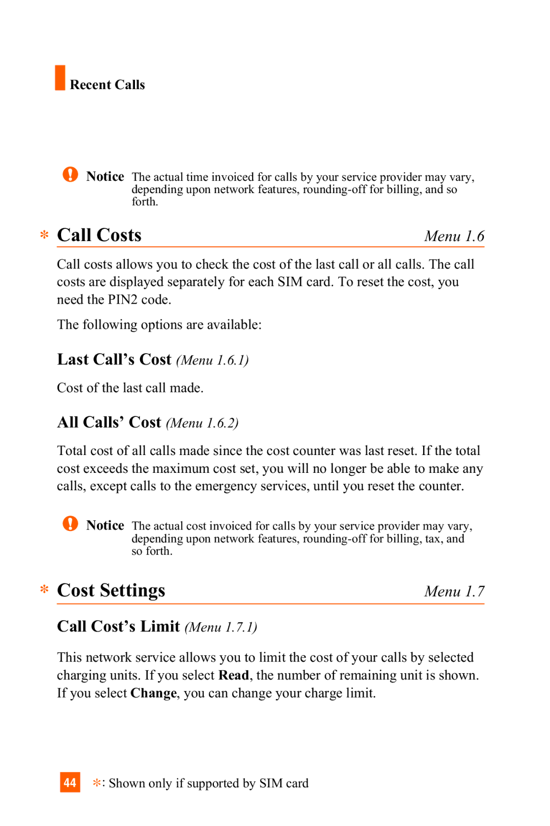 LG Electronics C1300 manual Call Costs, Cost Settings, Last Call’s Cost Menu, All Calls’ Cost Menu, Call Cost’s Limit Menu 