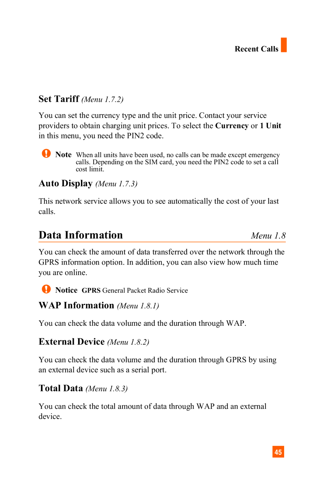 LG Electronics C1300 manual Data Information, Auto Display Menu, WAP Information Menu, External Device Menu 