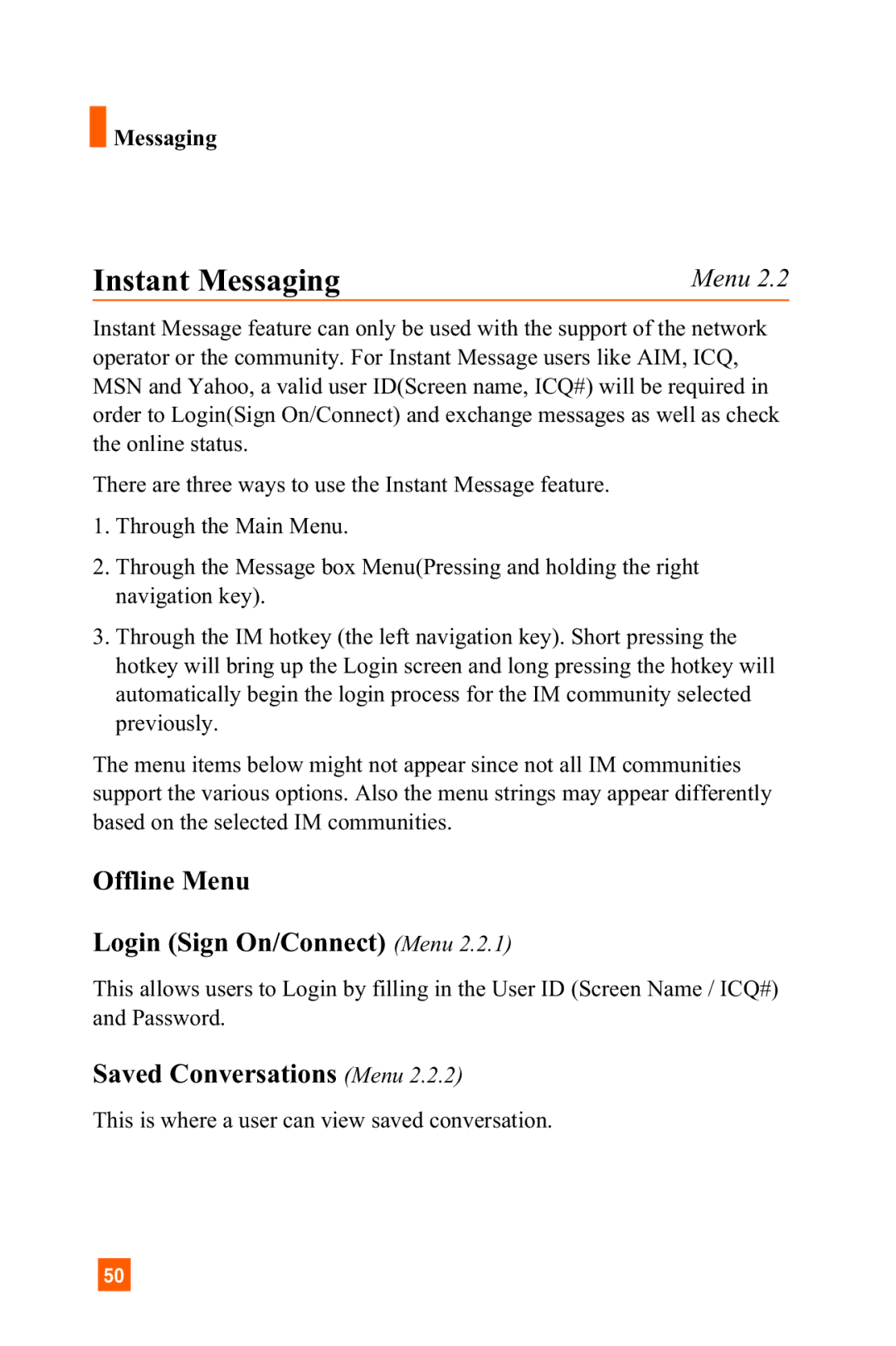 LG Electronics C1300 manual Instant Messaging, Offline Menu Login Sign On/Connect Menu, Saved Conversations Menu 