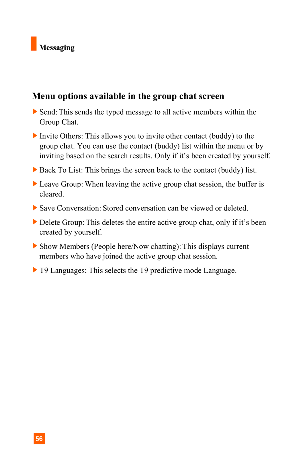 LG Electronics C1300 manual Menu options available in the group chat screen 