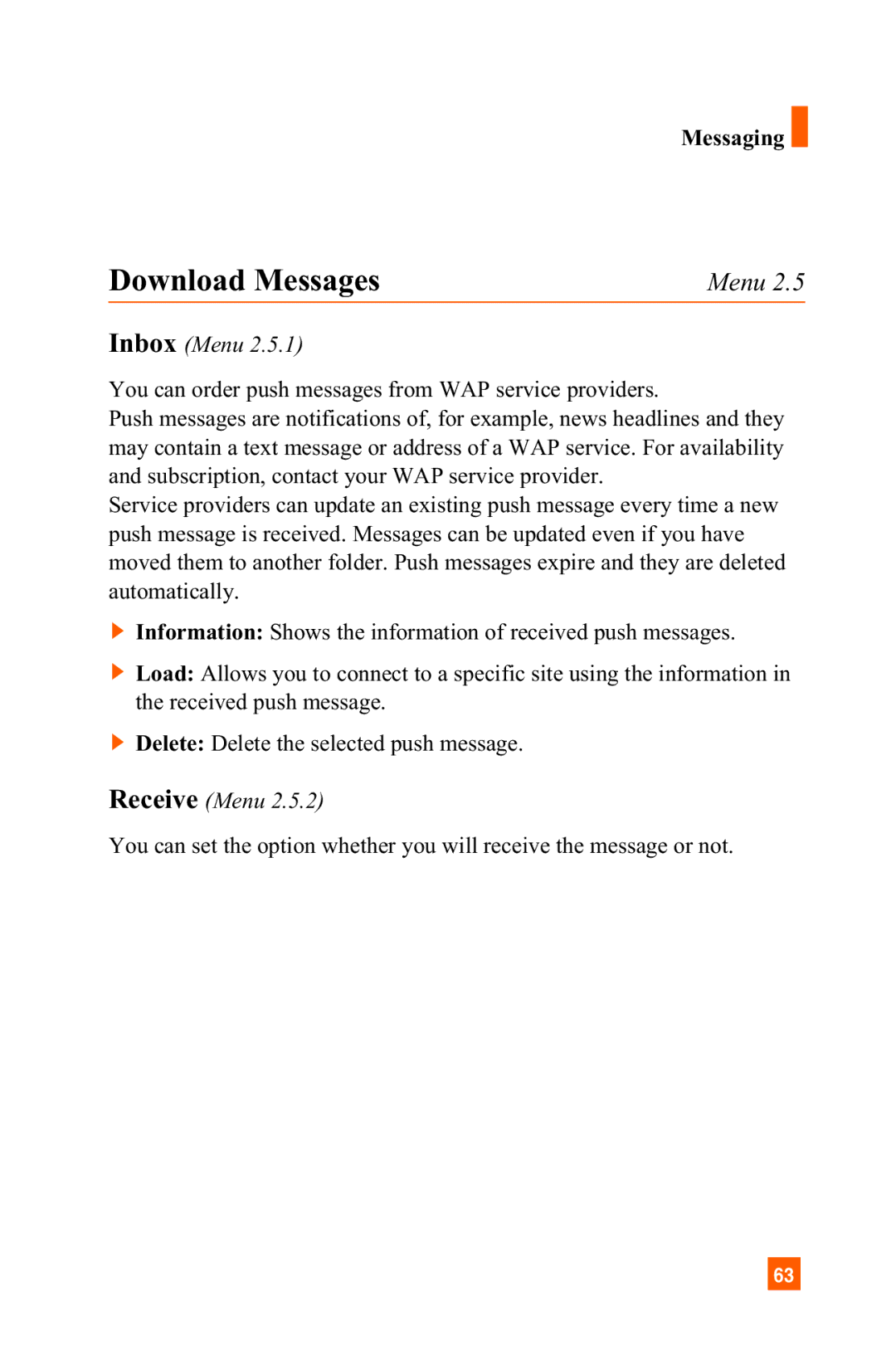 LG Electronics C1300 manual Download Messages, Receive Menu 