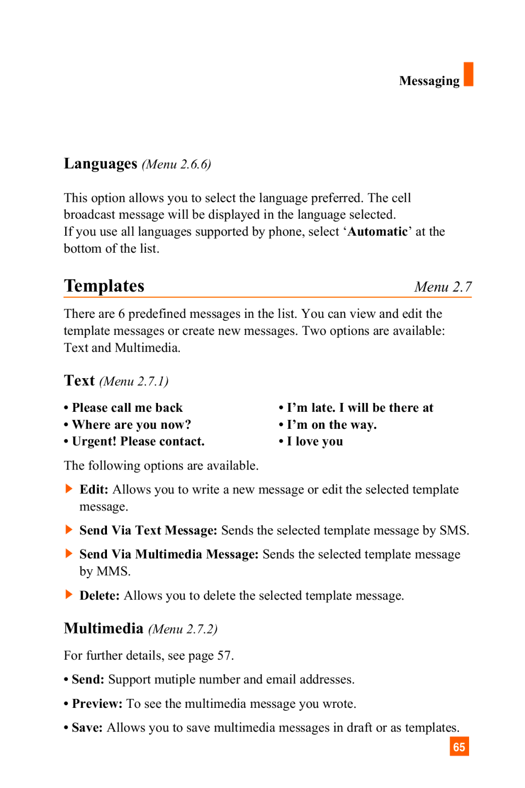 LG Electronics C1300 manual Templates, Languages Menu, Text Menu, Multimedia Menu 