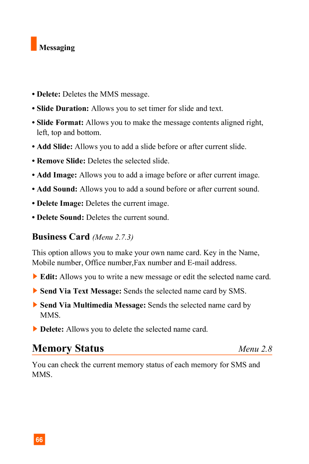 LG Electronics C1300 manual Memory Status, Business Card Menu 