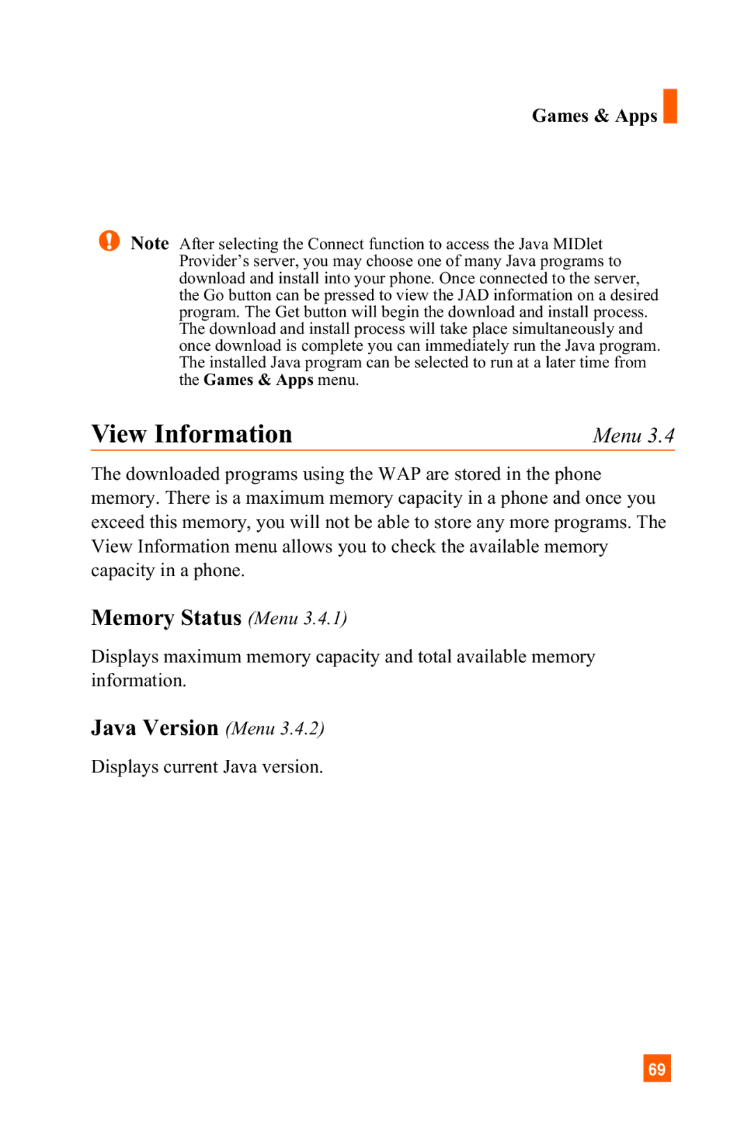 LG Electronics C1300 manual View Information, Memory Status Menu, Java Version Menu 