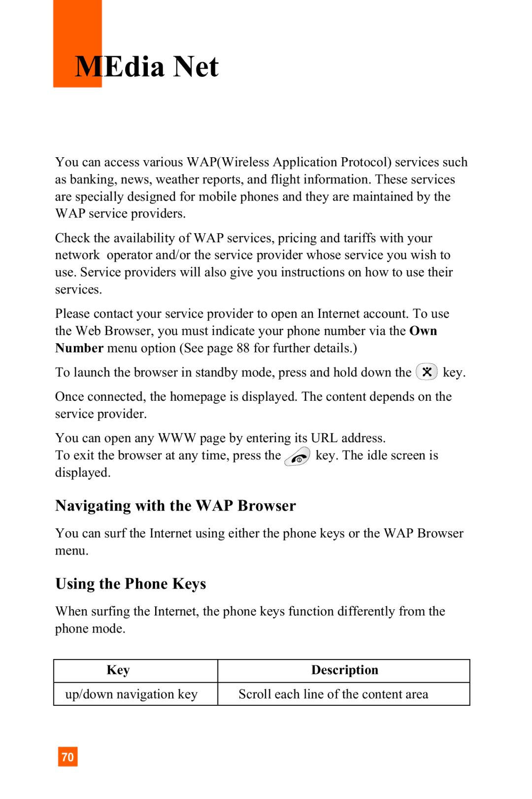 LG Electronics C1300 manual MEdia Net, Navigating with the WAP Browser, Using the Phone Keys 