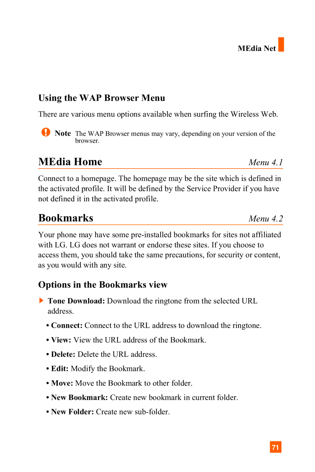 LG Electronics C1300 manual MEdia Home, Using the WAP Browser Menu, Options in the Bookmarks view, MEdia Net 