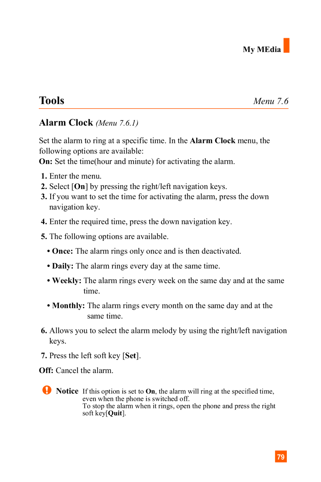 LG Electronics C1300 manual Tools, Alarm Clock Menu 