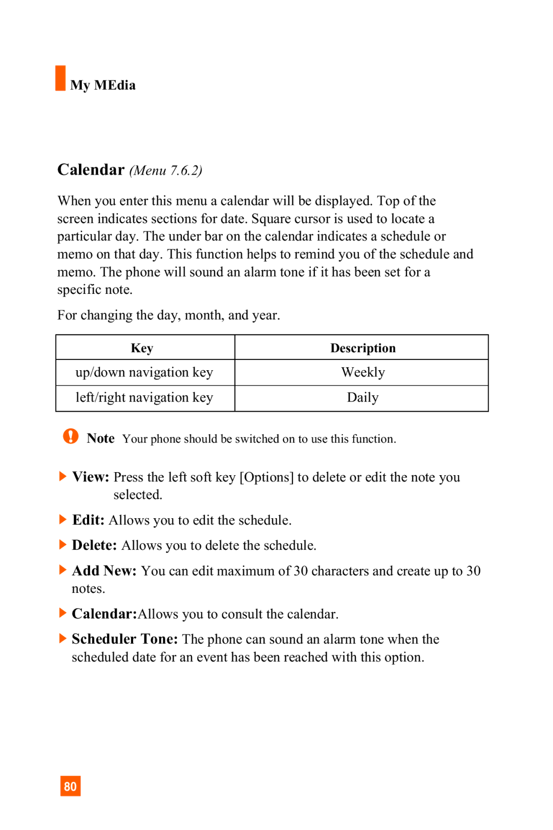 LG Electronics C1300 manual Calendar Menu, Left/right navigation key 