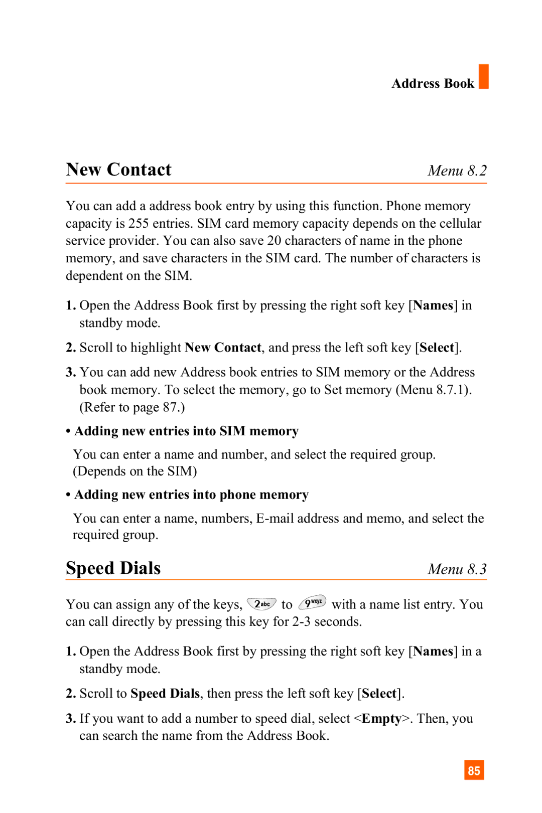 LG Electronics C1300 manual New Contact, Speed Dials, Address Book, Adding new entries into SIM memory 