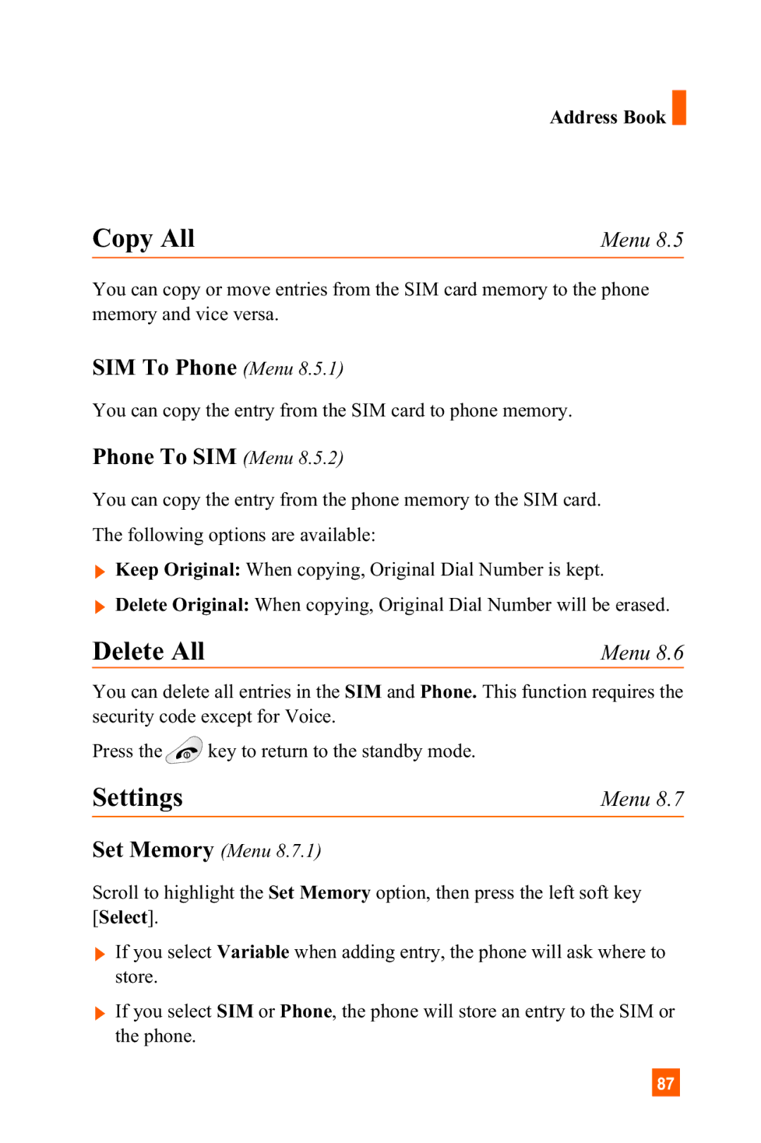 LG Electronics C1300 manual Copy All, Delete All, Settings, SIM To Phone Menu, Phone To SIM Menu 