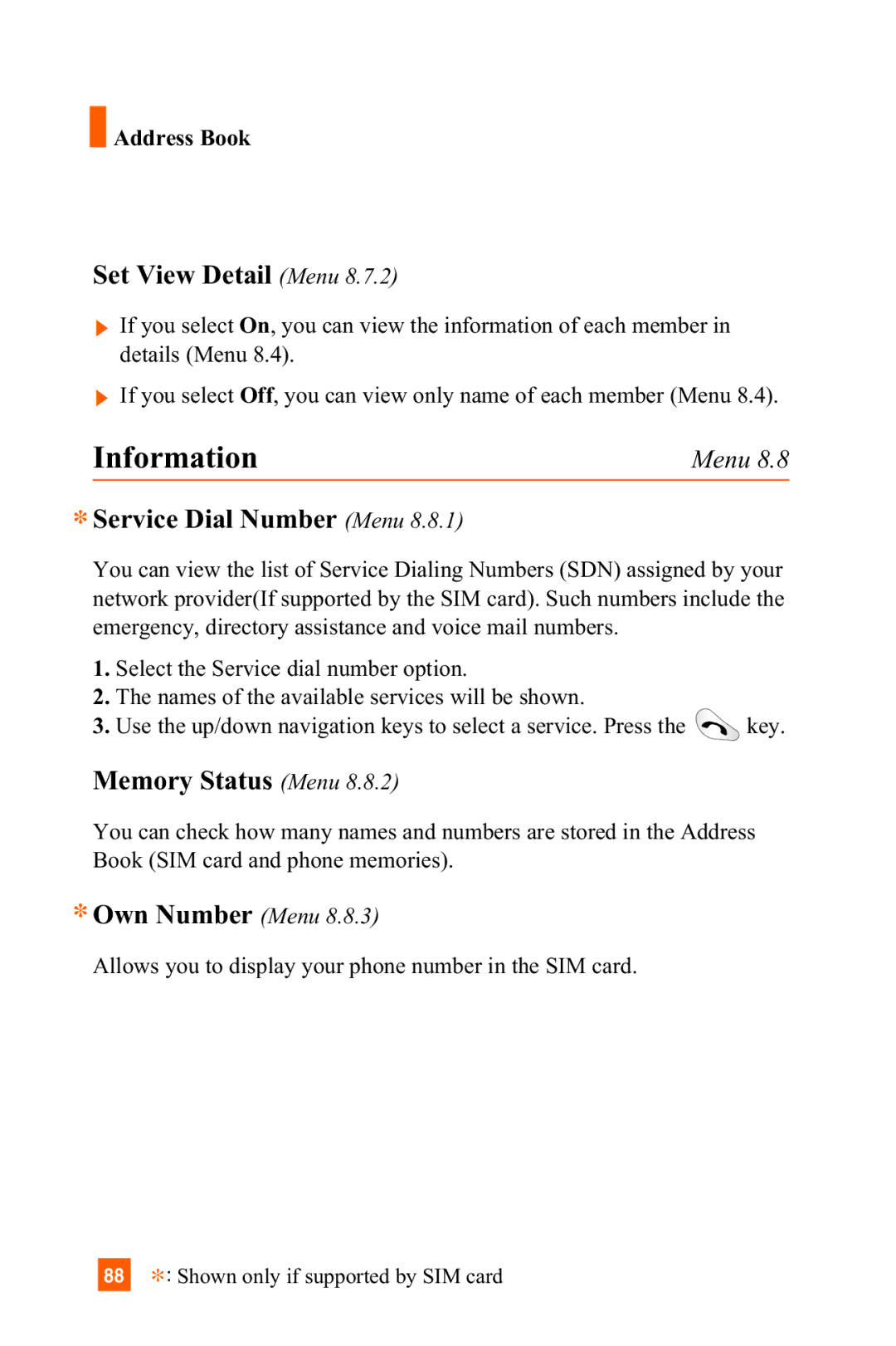 LG Electronics C1300 manual Information, Set View Detail Menu, Service Dial Number Menu, Own Number Menu 