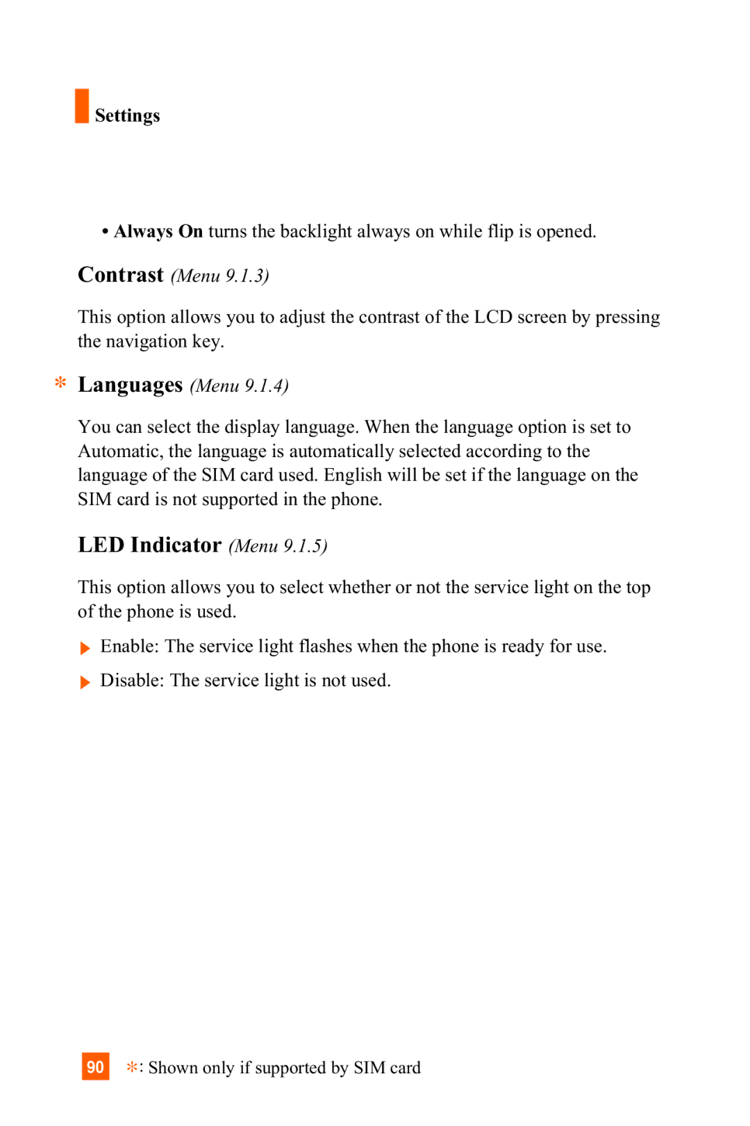 LG Electronics C1300 manual LED Indicator Menu, Contrast Menu 