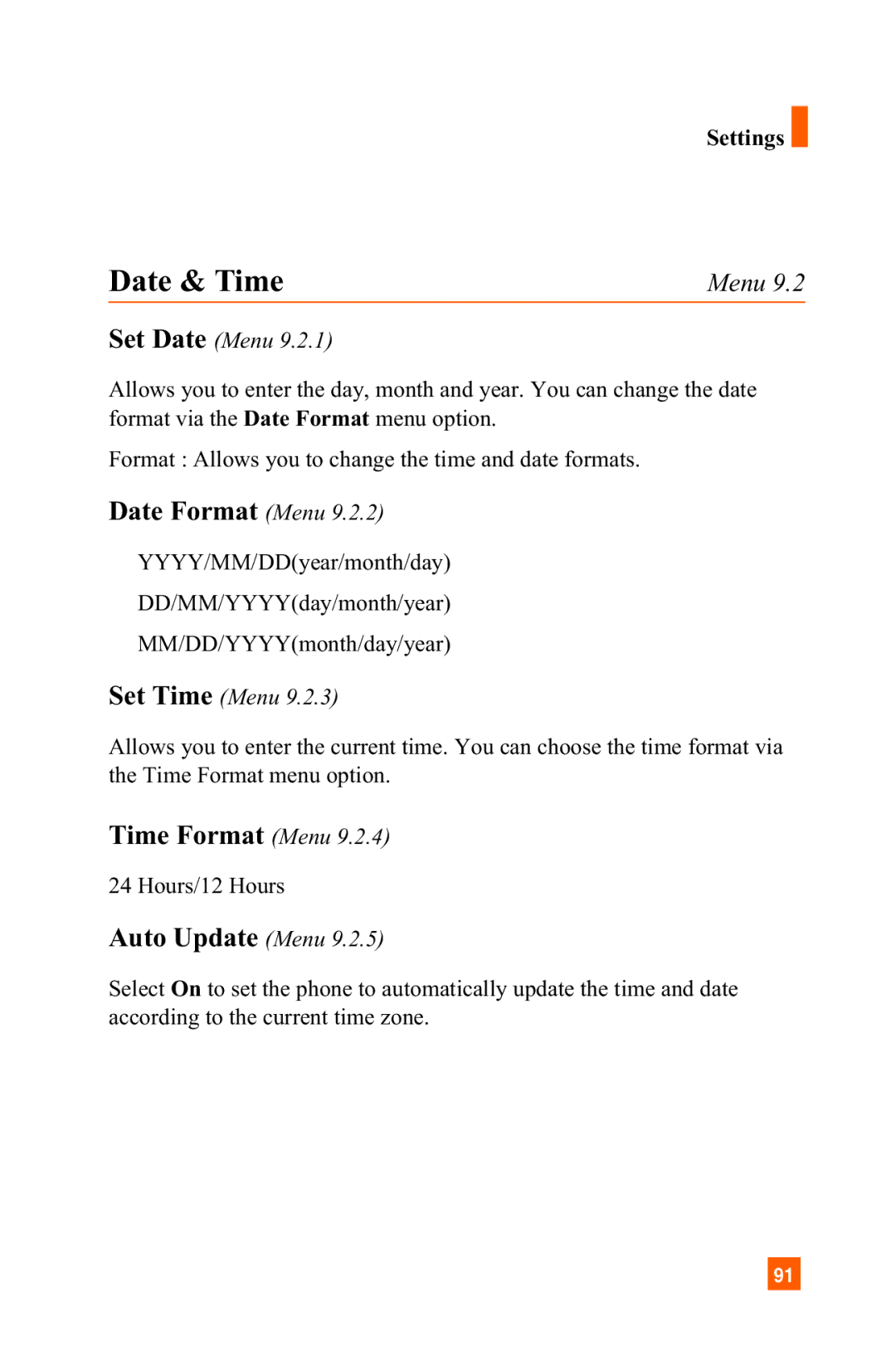 LG Electronics C1300 manual Date & Time, Date Format Menu, Time Format Menu, Auto Update Menu 