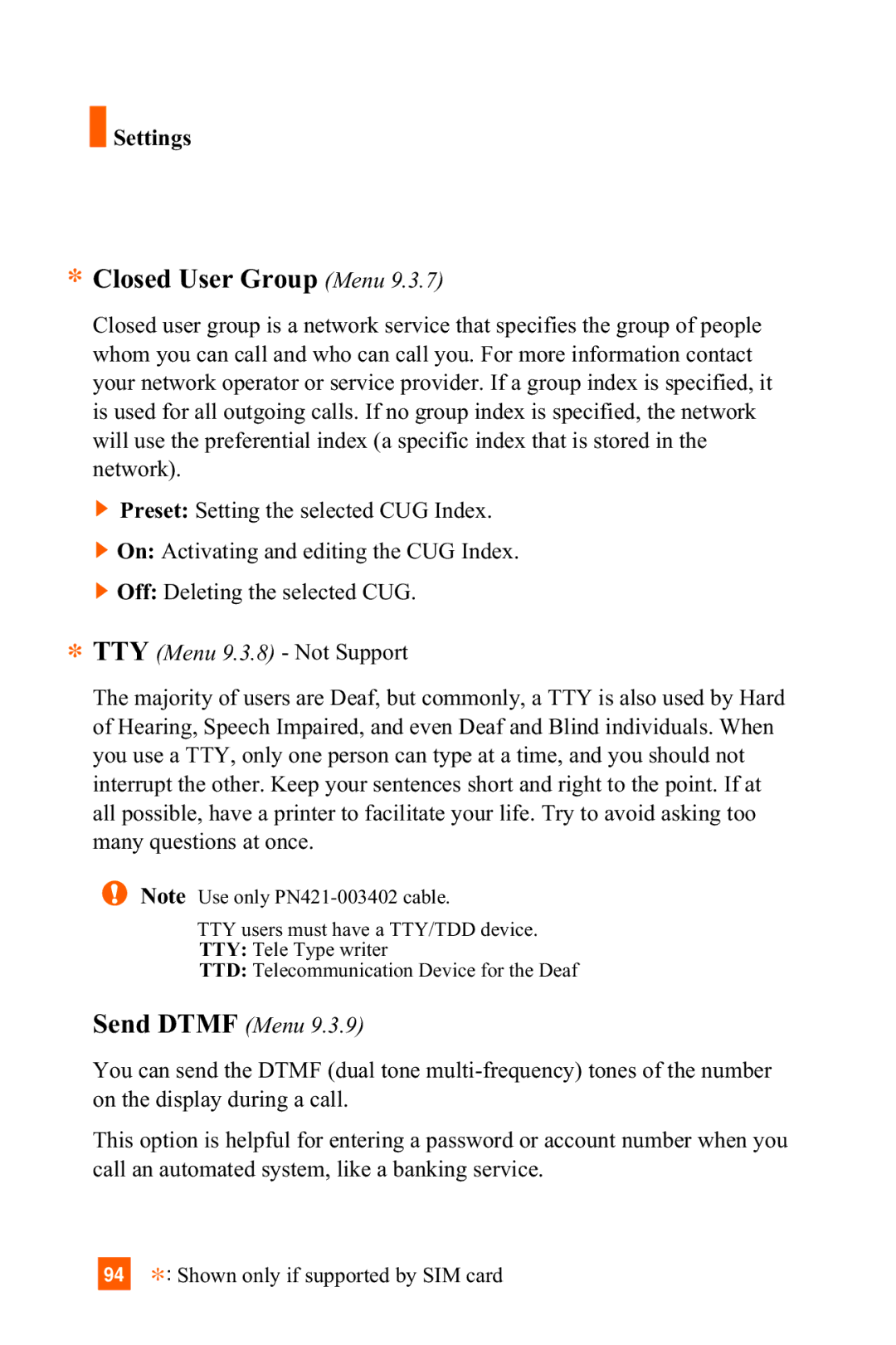 LG Electronics C1300 manual Closed User Group Menu, TTY Menu 9.3.8 Not Support, Send Dtmf Menu 