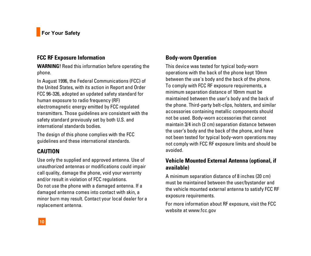 LG Electronics C1300I manual FCC RF Exposure Information, Body-worn Operation 