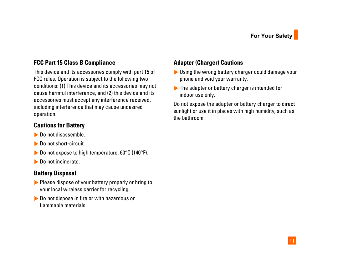 LG Electronics C1300I manual FCC Part 15 Class B Compliance, Battery Disposal, Adapter Charger Cautions 