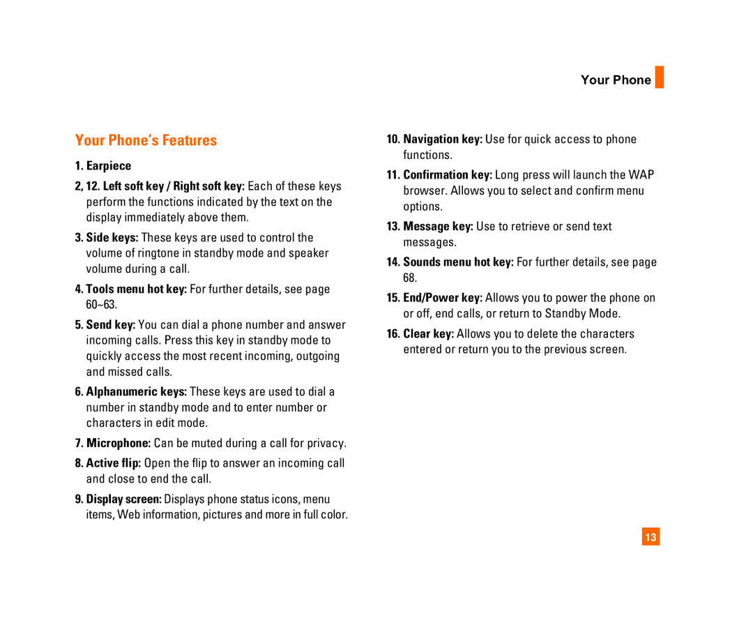 LG Electronics C1300I manual Your Phone’s Features, Earpiece, Sounds menu hot key For further details, see 
