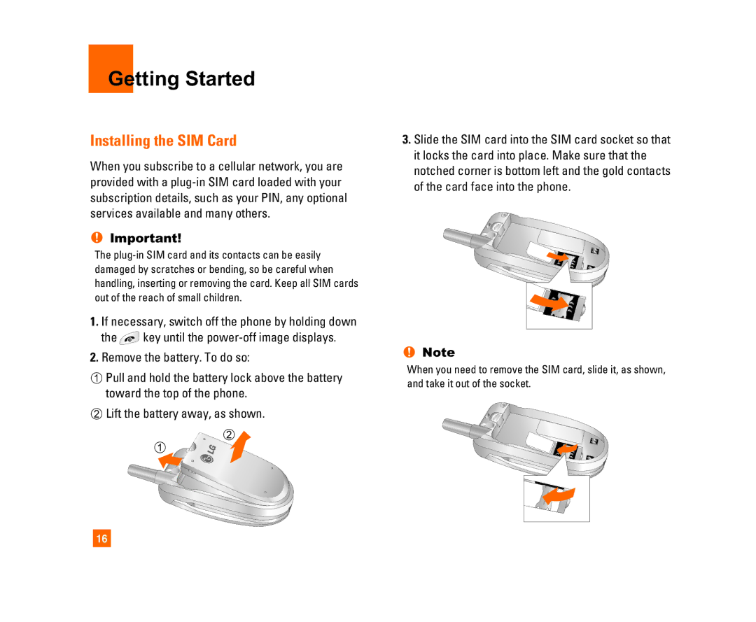 LG Electronics C1300I manual Getting Started, Installing the SIM Card 