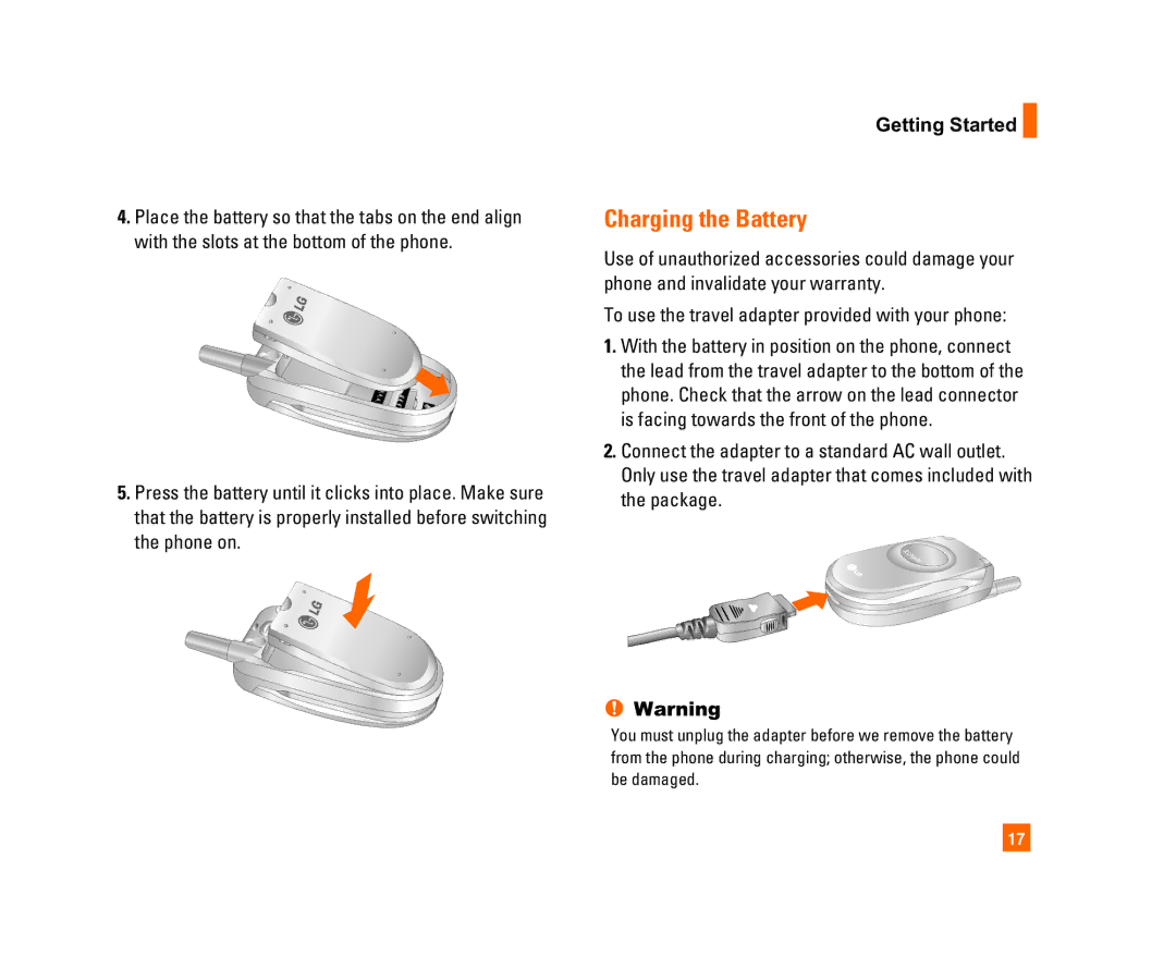 LG Electronics C1300I manual Charging the Battery, Getting Started, To use the travel adapter provided with your phone 