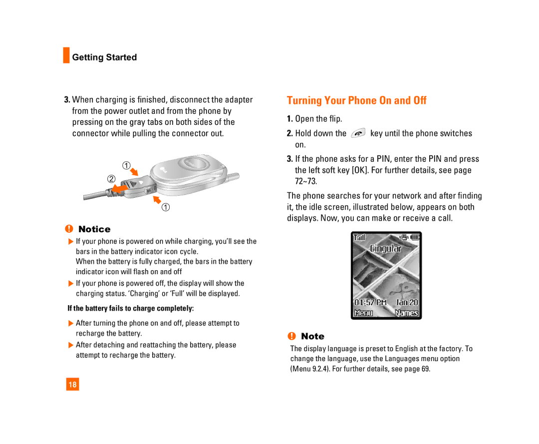 LG Electronics C1300I manual Turning Your Phone On and Off, If the battery fails to charge completely 