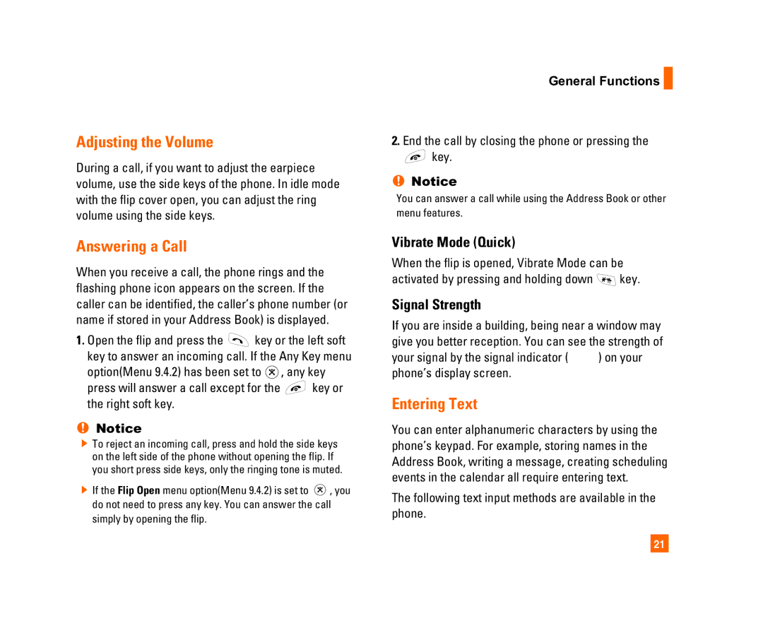 LG Electronics C1300I manual Adjusting the Volume, Answering a Call, Entering Text, Vibrate Mode Quick, Signal Strength 