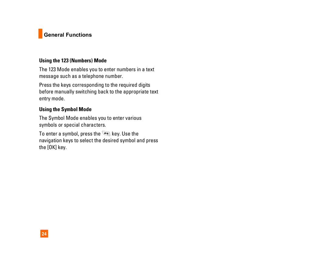 LG Electronics C1300I manual General Functions Using the 123 Numbers Mode, Using the Symbol Mode 