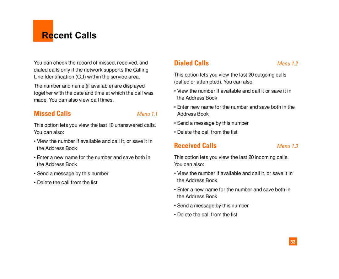 LG Electronics C1300I manual Recent Calls, Missed Calls, Dialed Calls, Received Calls 