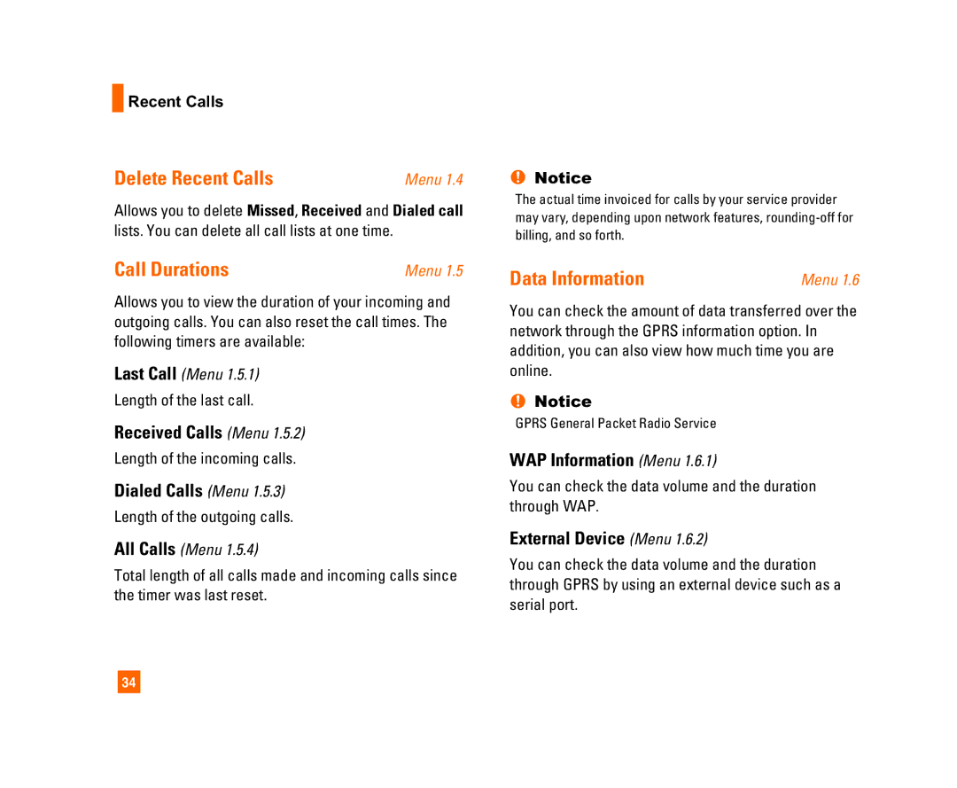 LG Electronics C1300I manual Delete Recent Calls, Call Durations, Data Information 