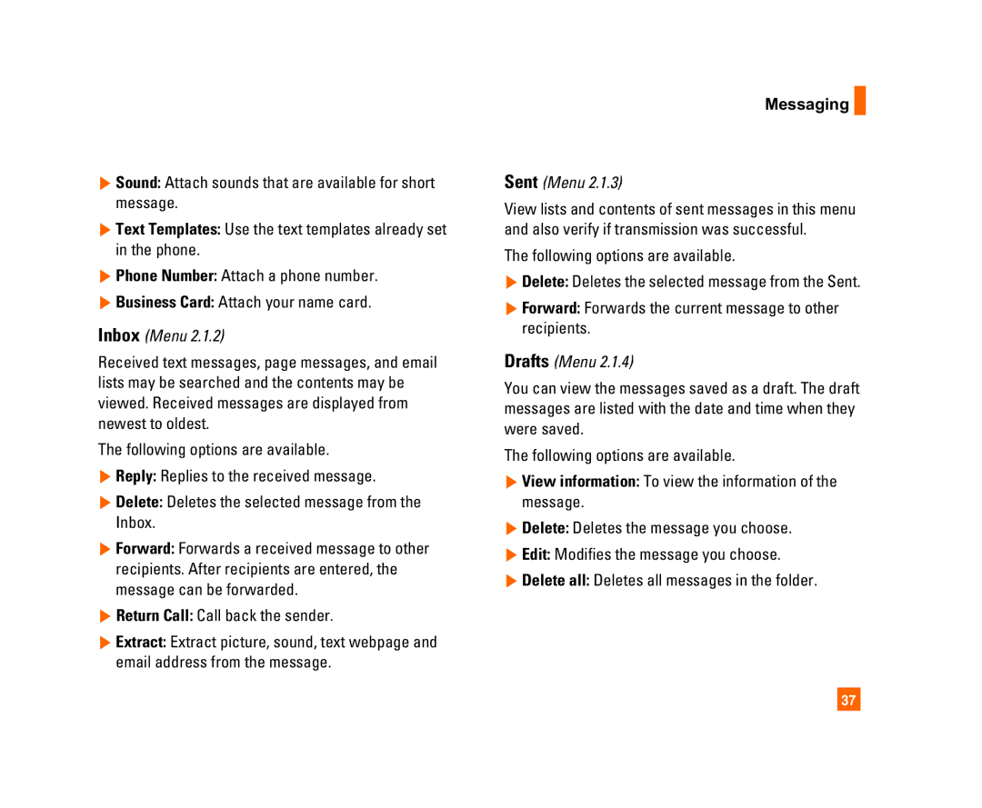 LG Electronics C1300I manual Inbox Menu, Sent Menu, Drafts Menu, View information To view the information of the message 