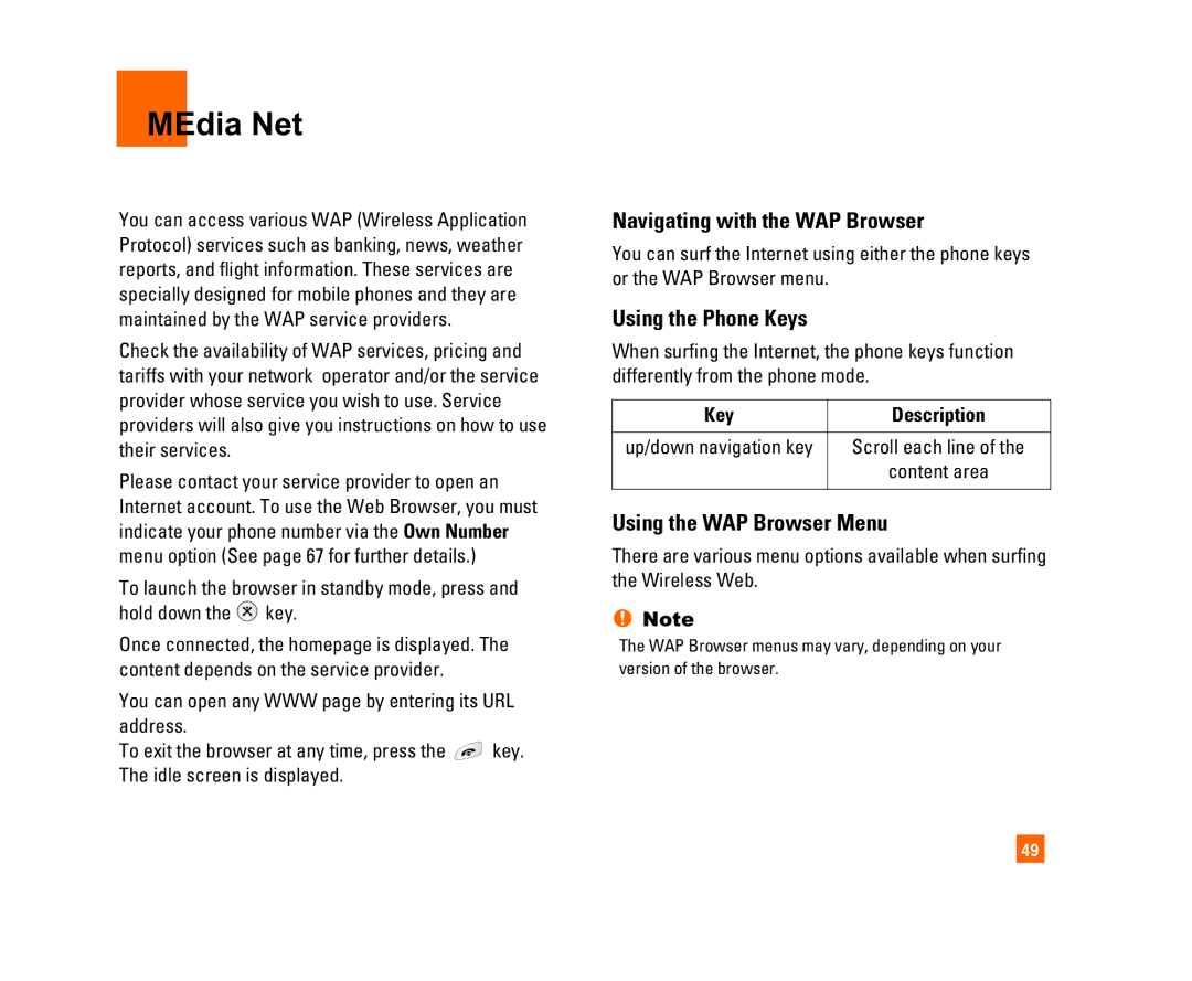 LG Electronics C1300I manual MEdia Net, Navigating with the WAP Browser, Using the Phone Keys, Using the WAP Browser Menu 