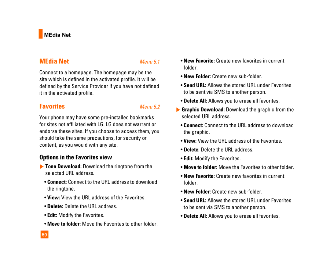 LG Electronics C1300I manual MEdia Net, Options in the Favorites view, Delete All Allows you to erase all favorites 