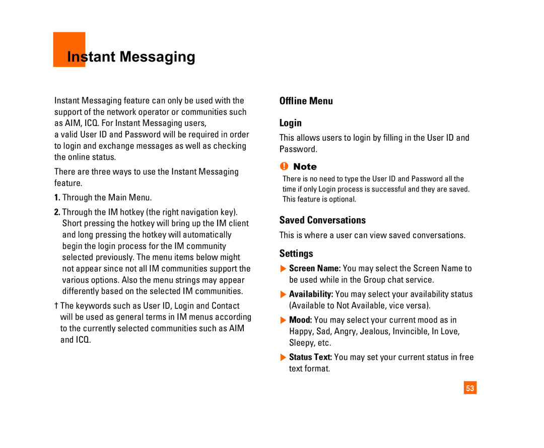 LG Electronics C1300I manual Instant Messaging, Offline Menu Login, Saved Conversations, Settings 