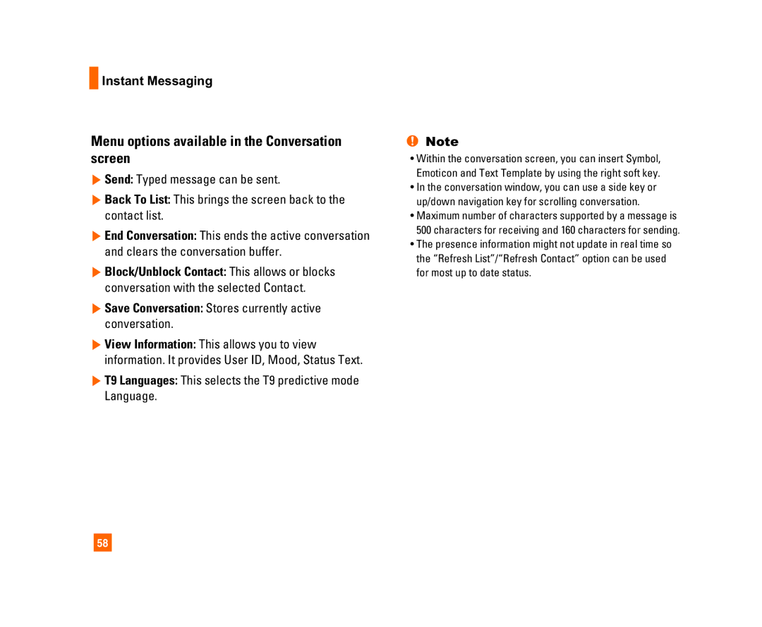 LG Electronics C1300I manual Menu options available in the Conversation screen 