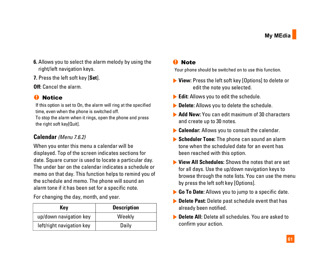 LG Electronics C1300I manual Calendar Menu, For changing the day, month, and year 