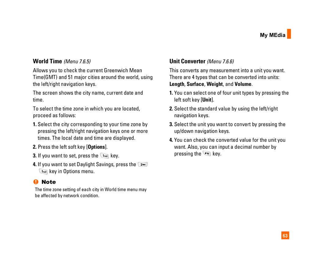 LG Electronics C1300I manual Unit Converter Menu, World Time Menu, Pressing the key 