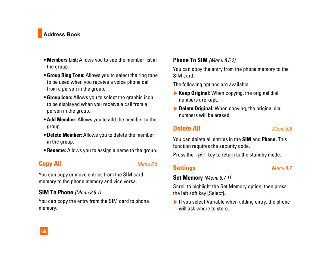 LG Electronics C1300I manual Copy All, Delete All, Settings, SIM To Phone Menu, Phone To SIM Menu 