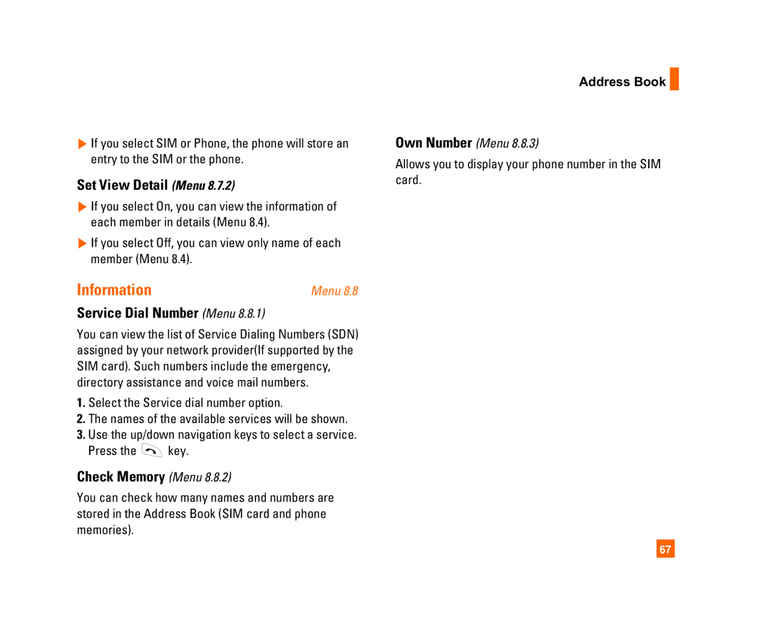 LG Electronics C1300I manual Set View Detail Menu, Service Dial Number Menu, Check Memory Menu, Own Number Menu 