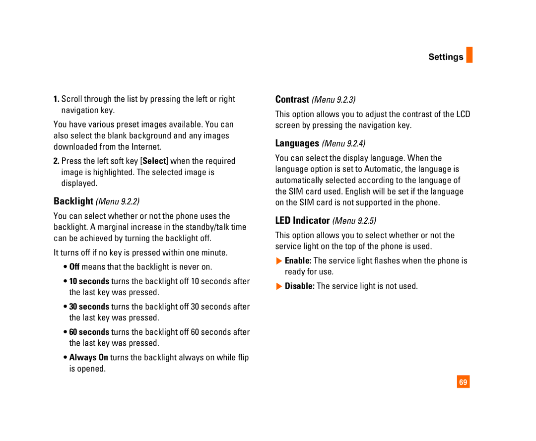 LG Electronics C1300I manual LED Indicator Menu, Backlight Menu, Contrast Menu, Languages Menu 