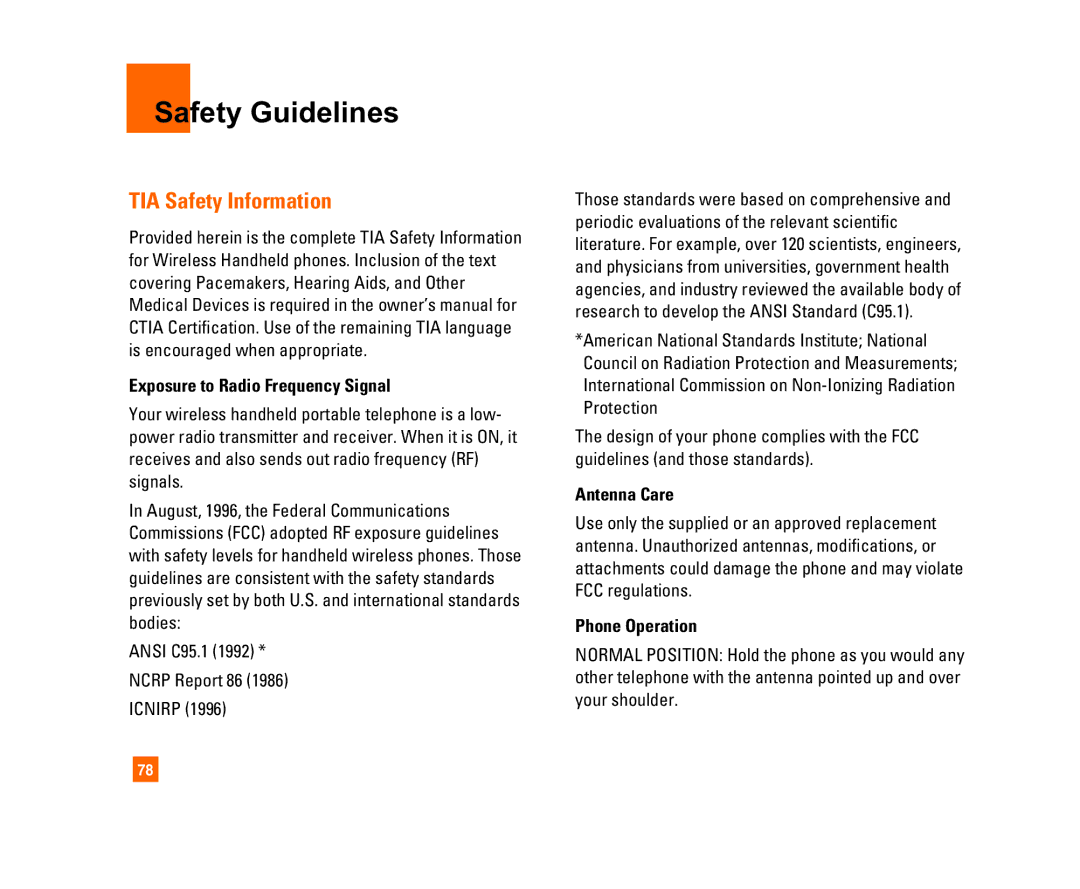 LG Electronics C1300I manual Safety Guidelines, TIA Safety Information, Exposure to Radio Frequency Signal, Antenna Care 