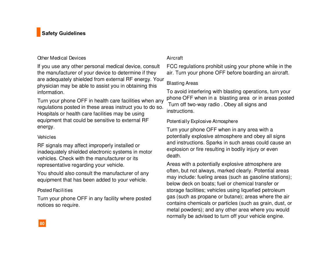 LG Electronics C1300I manual Safety Guidelines Other Medical Devices, Vehicles, Posted Facilities, Aircraft, Blasting Areas 