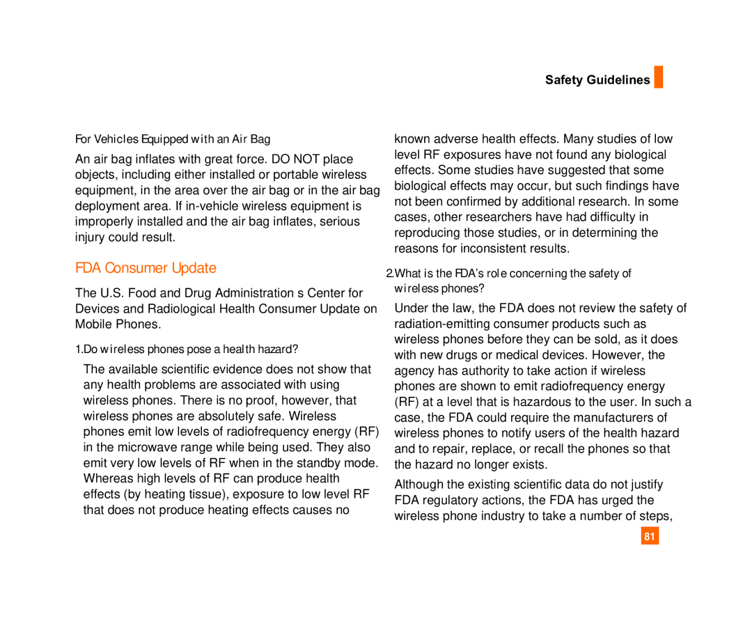 LG Electronics C1300I FDA Consumer Update, For Vehicles Equipped with an Air Bag, Do wireless phones pose a health hazard? 