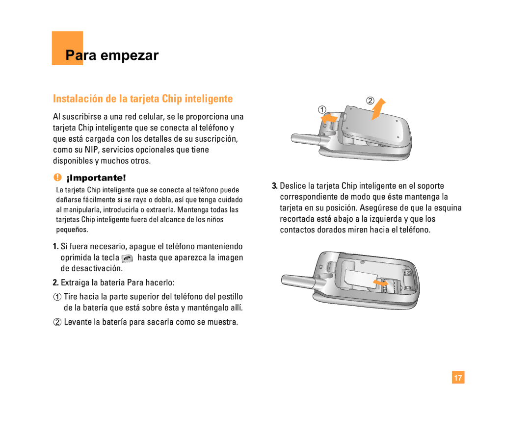 LG Electronics C1500 manual Para empezar, Instalación de la tarjeta Chip inteligente, ¡Importante 