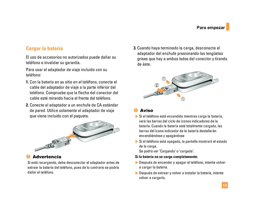 LG Electronics C1500 manual Cargar la batería, Advertencia, Para empezar, Aviso 