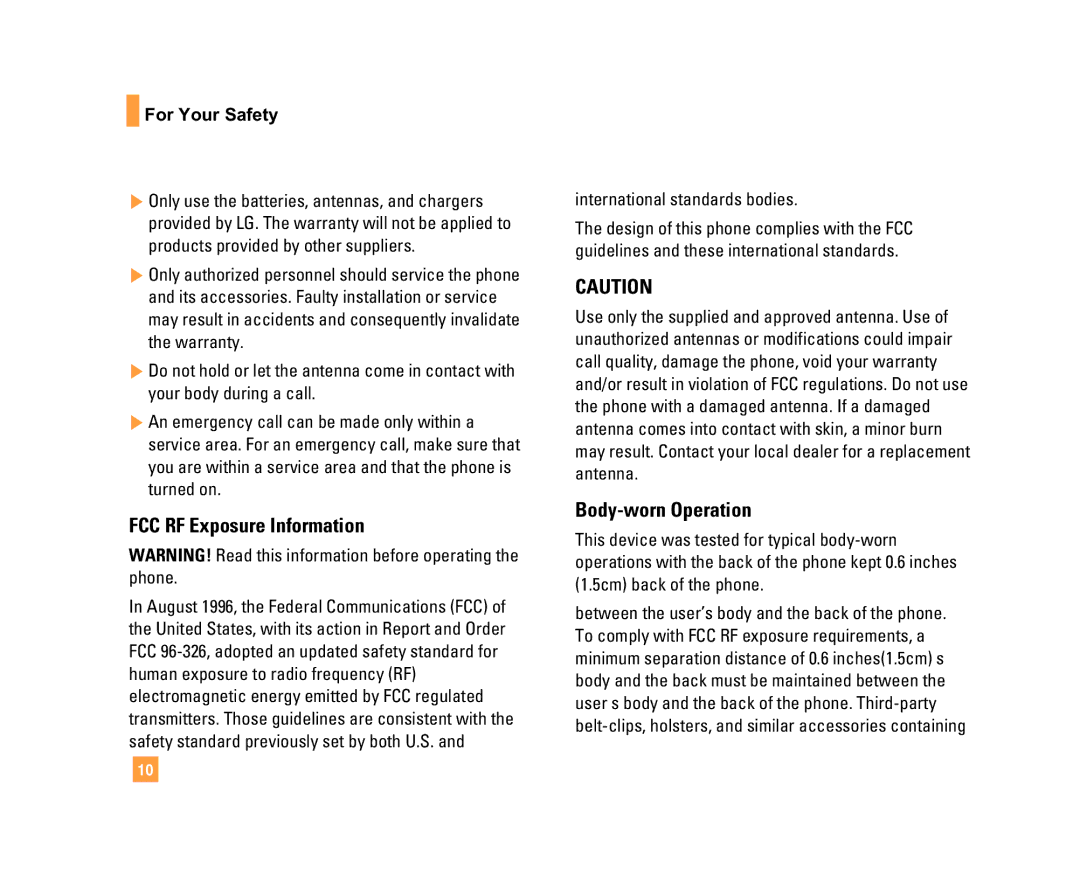 LG Electronics C1500 manual FCC RF Exposure Information, Body-worn Operation, International standards bodies 