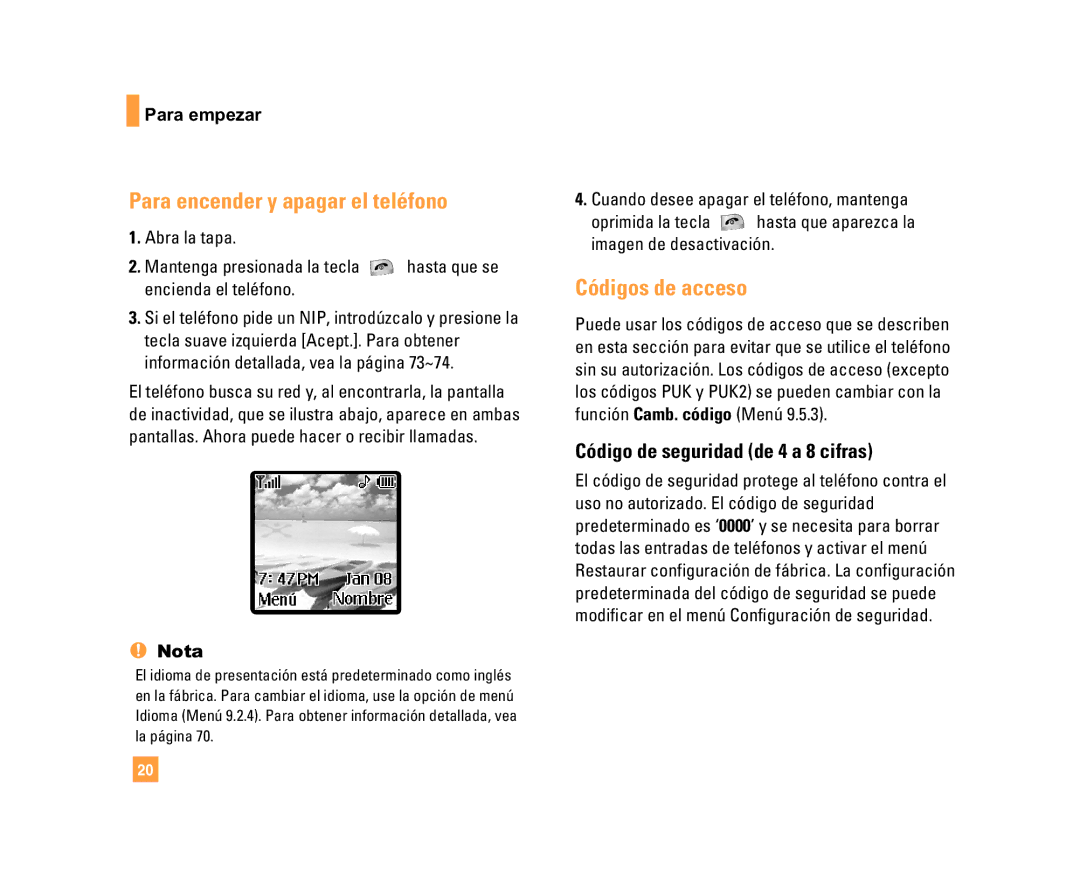 LG Electronics C1500 manual Para encender y apagar el teléfono, Códigos de acceso, Código de seguridad de 4 a 8 cifras 